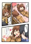  &gt;_&lt; /\/\/\ 1boy 1girl :d admiral_(kantai_collection) alternate_costume arms_up black_hair blush_stickers brown_hair carrying cat_print closed_eyes comic commentary_request falling fang hair_ornament hairclip heart ikazuchi_(kantai_collection) kantai_collection open_mouth oshiruko_(uminekotei) pajamas rolling short_hair smile solid_circle_eyes translation_request 
