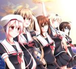  5girls ahoge arm_up bad_anatomy beret black_serafuku black_skirt blonde_hair blue_eyes blush braid breasts brown_hair closed_eyes clouds gradient_hair hair_flaps hair_ornament hair_ribbon hairband hairclip hands_on_hips harusame_(kantai_collection) hat holding_arm kantai_collection light_brown_hair long_hair multicolored_hair multiple_girls murasame_(kantai_collection) narukami_ginryuu ocean open_mouth pink_eyes pink_hair pleated_skirt red_eyes remodel_(kantai_collection) ribbon scarf school_uniform serafuku shigure_(kantai_collection) shiratsuyu_(kantai_collection) short_hair short_sleeves side_ponytail single_braid skirt sky smile stretch sunset twintails v_arms water white_scarf wind yuudachi_(kantai_collection) 