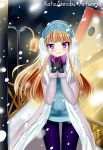 1girl blonde_hair blush earmuffs hat highres holding_hands katou_shinobu league_of_legends snow snowing solo syndra violet_eyes winter_clothes 