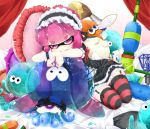  1girl arrow bangs bed belt black_dress black_ribbon blush cross-laced_clothes curtains domino_mask dress echizen_(splatoon) eyebrows eyebrows_visible_through_hair frilled_pillow frills full_body futase_hijiri garter_straps indoors inkling jellyfish leaning_to_the_side long_hair looking_at_viewer maid_headdress mask paintbrush pointy_ears red_ribbon ribbon short_sleeves sitting solo splatoon squid striped striped_legwear super_soaker tentacle_hair thigh-highs thigh_gap violet_eyes wrist_cuffs 