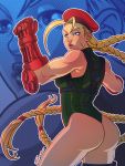  1girl ahoge antenna_hair ass beret blonde_hair blue_eyes braid breasts cammy_white clenched_hand commentary derivative_work fighting_stance fingerless_gloves gloves harness hat highres huge_ahoge leotard lips long_hair nose royce_southerland scar solo street_fighter street_fighter_v thigh_pouch thong_leotard toned twin_braids very_long_hair zoom_layer 