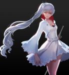  blue_eyes cropped_jacket dress high_collar lace-trimmed_skirt long_hair long_sleeves petticoat ponytail rapier rwby scar scar_across_eye side_ponytail solo sword tiara weapon weiss_schnee white_blouse white_hair wide_sleeves 