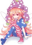  1girl american_flag american_flag_legwear american_flag_shirt beni_shake blonde_hair blush clownpiece dress fairy fairy_wings frilled_collar full_body hat jester_cap legs long_hair looking_at_viewer open_mouth pantyhose polka_dot red_eyes shirt short_sleeves simple_background solo star striped touhou very_long_hair white_background wings 