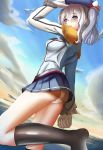  1girl absurdres artist_request ass clouds epaulettes gloves hat highres kantai_collection kashima_(kantai_collection) kneehighs panties signature silver_hair solo standing_on_one_leg underwear uniform water white_panties 