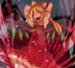  1girl armband ascot aura blonde_hair constricted_pupils crazy_eyes crazy_laugh energy flandre_scarlet hat holding_weapon laevatein light_particles looking_at_viewer mob_cap motion_blur open_mouth red_skirt red_vest shirt shitoo short_hair short_sleeves side_ponytail skirt solo teeth tongue touhou white_shirt wings 