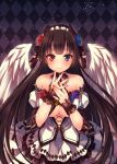 1girl angel_wings bare_shoulders black_hair blue_eyes blue_rose blush breasts cleavage dress feathered_wings flower hair_ribbon hairband heterochromia horns large_breasts long_hair looking_at_viewer mitsuhachi8 nail_polish original pointy_ears purple_rose red_eyes red_rose ribbon rose smile solo under_boob white_wings wings wrist_cuffs 