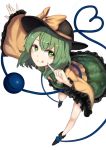  +5cm 1girl blush boots eyeball floral_print full_body green_hair hat hat_ribbon heart heart_of_string komeiji_koishi long_sleeves looking_at_viewer outstretched_arm ribbon shirt short_hair simple_background skirt skirt_set smile solo string third_eye tongue tongue_out touhou white_background wide_sleeves 