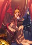  1girl absurdres artist_request balcony bare_shoulders blonde_hair breasts castle cleavage coin curtains dragon dragon_girl dress gem gold highres horns loot moon necklace_removed original red_eyes sitting solo tail thigh-highs tower treasure treasure_chest wings 