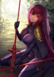  1girl bodysuit breasts dual_wielding fate/grand_order fate/stay_night fate_(series) large_breasts looking_at_viewer polearm purple_hair red_eyes scathach_(fate/grand_order) shijiu_(adamhutt) sitting solo spear veil wariza weapon 