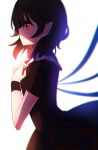  1girl backlighting black_dress black_hair chromatic_aberration colored_eyelashes dress expressionless frilled_collar hand_on_own_chest highres houjuu_nue jpeg_artifacts light peach_camellia pointy_ears profile red_eyes short_hair short_sleeves solo touhou wind wings wristband 