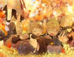  2boys 2girls :d ^_^ animal_ears autumn_leaves bangs blonde_hair blue_hair blurry blush closed_eyes depth_of_field detached_sleeves falling_leaves fox_ears fox_tail grass hair_between_eyes hair_ornament hairclip hands_together head_out_of_frame japanese_clothes kagamine_len kagamine_rin kaito leaf leaf_on_head leg_warmers lying meiko multiple_boys multiple_girls on_back on_person on_stomach open_mouth outdoors pants pleated_skirt project_diva_(series) ribbon-trimmed_sleeves ribbon_trim rope scarf short_hair side_ponytail sinaooo skirt smile standing sunlight sweatdrop swept_bangs tail vocaloid x_hair_ornament 