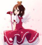  1girl :3 :d animal_on_head artist_name blush bow brown_eyes brown_hair cardcaptor_sakura cosplay cowboy_shot dress frills from_behind gloves gradient gradient_background hair_beads hair_ornament hairclip hirasawa_yui holding_staff hyanna-natsu k-on! kinomoto_sakura kinomoto_sakura_(cosplay) looking_at_viewer looking_back open_mouth petals pink_background puffy_short_sleeves puffy_sleeves red_bow red_dress shirt short_hair short_sleeves simple_background smile solo staff standing v wand white_gloves white_shirt white_wings wings 