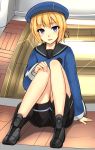  1girl :d bike_shorts blonde_hair blue_eyes blush hat knees_together_feet_apart knees_up long_sleeves looking_at_viewer open_mouth original phantasy_star phantasy_star_online_2 ryou@ryou short_hair sitting smile solo uniform 