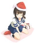  1girl ;d black_eyes black_hair boots christmas fubuki_(kantai_collection) gift hat kantai_collection kugui_kiyunemu looking_at_viewer one_eye_closed open_mouth ponytail santa_boots santa_hat school_uniform serafuku short_hair sidelocks sitting smile solo wariza 