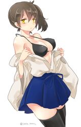  1girl bangs black_bra black_legwear blue_skirt bra brown_hair cowboy_shot hair_between_eyes japanese_clothes kaga_(kantai_collection) kantai_collection long_hair looking_at_viewer miniskirt moca_blanc side_ponytail simple_background sketch skirt solo thigh-highs twitter_username underwear undressing white_background wide_sleeves yellow_eyes zettai_ryouiki 