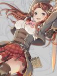  1girl :d arms_up belt black_gloves boots braid breasts brown_hair cleavage cravat cropped_jacket gloves granblue_fantasy grey_eyes hair_ornament highres holding_sword holding_weapon karen_(granblue_fantasy) long_hair looking_at_viewer miniskirt open_mouth plaid plaid_skirt red_skirt sheath shirt skirt smile solo sword teeth thigh-highs thigh_boots underbust unsheathed upskirt weapon white_shirt yoshino_ryou 