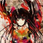  1girl abstract bangs black_hair bow colorful expressionless face hair_bow hair_strand hakurei_reimu hanuu long_hair long_sleeves looking_at_viewer red_eyes sketch solo touhou upper_body very_long_hair 