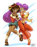  2girls ajna_(indivisible) ankle_wraps bandeau bike_shorts blue_eyes breasts brown_eyes brown_hair cleavage crossover dark_skin earrings eric_toner forehead_jewel full_body hair_ornament harem_pants high_ponytail highres hoop_earrings indivisible jewelry long_hair multiple_girls navel open_mouth pants pearl pointy_ears pointy_shoes purple_hair sandals sash see-through shantae shantae_(character) shoes short_hair shorts_under_skirt slender_waist smile tiara toes very_long_hair 