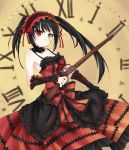  black_hair clock clock_eyes date_a_live dress fei_miao gothic_lolita gun headdress heterochromia highres holding_gun holding_weapon lolita_fashion long_hair red_dress red_eyes smile tokisaki_kurumi weapon yellow_eyes 