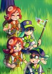  1boy 3girls alternate_costume artist_name backpack bag closed_eyes commentary domino_mask eyebrows flag grass green_eyes green_hair happy hat inkling jenna_brown long_hair mask medal multiple_girls no_mask octarian one_eye_closed ponytail redhead smile splatoon takozonesu tentacle_hair thick_eyebrows 