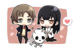  1boy 1girl black_hair blazer bone brown_hair chibi dress_shirt grey_eyes hand_on_hip heart heart-shaped_pupils long_hair necktie sakurako-san_no_ashimoto_ni_wa_shitai_ga_umatteiru school_uniform shirt skull spoken_heart symbol-shaped_pupils 