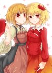  2girls :o aki_minoriko aki_shizuha apron blonde_hair breasts collared_shirt dress dress_shirt hat hat_removed headwear_removed highres hug leaf leaf_on_head looking_at_viewer monrooru multiple_girls red_eyes seductive_smile shirt short_hair siblings sisters skirt tareme touhou tsurime waist_hug 