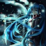  1girl absurdres blue_eyes blue_hair hatsune_miku highres k.syo.e+ long_hair outdoors scarf snow solo twintails vocaloid 
