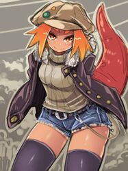  1girl amagaeru_(hylathewet) arms_behind_back belt black_legwear buttons eyebrows fur hat highres jacket long_sleeves looking_at_viewer open_clothes open_jacket orange_eyes orange_hair original pin pointy_ears ribbed_shirt shirt short_eyebrows short_hair shorts smile solo tail thigh-highs turtleneck 