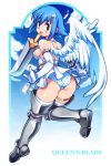  1girl :p ass blue_hair blue_panties boots copyright_name elbow_gloves gloves greaves green_eyes metal_boots nanael panties polka_dot polka_dot_panties queen&#039;s_blade short_hair skirt smile solo sword thigh-highs thigh_boots tongue tongue_out underwear weapon white_gloves white_skirt white_wings wings yu_3 
