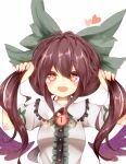  1girl blush brown_hair hair_ornament hair_ribbon heart holding_hair looking_at_viewer open_mouth otsu_(pixiv15748356) puffy_sleeves red_eyes reiuji_utsuho ribbon shirt short_sleeves simple_background smile solo third_eye touhou upper_body white_background wings 