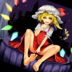  1girl asymmetrical_hair barefoot blonde_hair crystal dutch_angle evil_smile fangs flandre_scarlet full_body hat hat_ribbon highres looking_at_viewer mob_cap open_mouth puffy_sleeves red_eyes ribbon romu_(rom2460) shaded_face shirt short_sleeves side_ponytail sitting skirt skirt_set smile solo touhou vest wings 