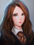  1girl backlighting blush brown_eyes brown_hair eyelashes eyeliner grey_background harry_potter hermione_granger highres lips long_hair looking_at_viewer makeup necktie nguyen_uy_vu nose parted_lips portrait realistic school_uniform simple_background solo 