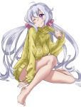  1girl ahoge bare_legs blush breasts eyebrows_visible_through_hair full_body hair_between_eyes large_breasts long_sleeves low_twintails lyrical_denko one_eye_closed scrunchie senki_zesshou_symphogear silver_hair simple_background sitting smile solo sweater toes turtleneck turtleneck_sweater twintails violet_eyes white_background yellow_sweater yukine_chris 