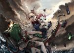  2girls :o admiral_hipper_(zhan_jian_shao_nyu) back bangs blonde_hair blood blood_from_mouth blood_on_face blue_eyes boots broken cannon clouds cloudy_sky explosion fighting fuuko_chan glowworm_(zhan_jian_shao_nyu) green_hair holding_hair long_hair machinery miniskirt multiple_girls ocean one_eye_closed one_side_up outdoors puffy_short_sleeves puffy_sleeves scarf ship shirt short_sleeves skirt sky striped striped_scarf sweater_vest tattoo thigh-highs torn_clothes torpedo turret twintails waves white_legwear white_shirt zettai_ryouiki zhan_jian_shao_nyu 