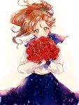  1girl ahma bishoujo_senshi_sailor_moon blue_skirt blush bouquet brown_hair covered_mouth earrings flower green_eyes hair_bobbles hair_ornament highres holding holding_flower jewelry long_hair long_sleeves looking_at_viewer naegi_makoto ponytail red_flower red_rose rose school_uniform serafuku skirt solo stitches white_blouse 
