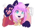  1girl animal_ears bow cat_ears fang gloves green_eyes hashimoto_nyaa nanika_(nnkgh) osomatsu-san paw_gloves pink_hair solo square symbol-shaped_pupils 