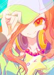  1girl adjusting_clothes adjusting_hat brown_hair gaen_izuko hair_over_one_eye hat headphones jewelry monogatari_(series) necklace orange_eyes pearl_necklace solo star upper_body 