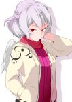  1girl absurdres adapted_costume bow bowtie contemporary dress hand_in_pocket highres hoodie jacket kishin_sagume long_sleeves open_clothes purple_dress red_eyes shirt shiver_(siva-hl) short_hair silver_hair single_wing solo touhou wings 