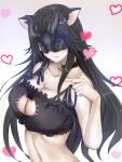  1girl alternate_costume animal_ears bangs bell bell_choker black_hair blush breasts cat_cutout cat_ears cat_keyhole_bra cat_lingerie choker cleavage closed_mouth covered_eyes frills heart highres holding_strap horns jingle_bell kantai_collection kemonomimi_mode large_breasts light_cruiser_hime long_hair mask parted_bangs shinkaisei-kan smile solo stomach underwear underwear_only untsue upper_body white_background 