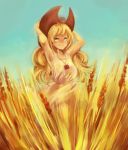  1girl absurdres apple applejack artist_request blonde_hair cowboy_hat food freckles fruit hat highres my_little_pony my_little_pony_friendship_is_magic solo wheat 