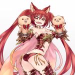  1girl :d animal_ears ass bad_anatomy bare_shoulders blush breasts cerberus_(shingeki_no_bahamut) chan_co cleavage dog_ears fang gauntlets granblue_fantasy hand_puppet long_hair looking_at_viewer open_mouth puppet red_eyes redhead shingeki_no_bahamut simple_background smile solo thigh-highs twintails very_long_hair white_background 