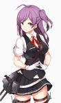  1girl asya blouse breasts cannon gloves hagikaze_(kantai_collection) highres kantai_collection long_hair neck_ribbon pleated_skirt purple_hair ribbon school_uniform short_sleeves side_ponytail skirt smile solo vest white_gloves yellow_eyes 