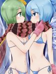  2girls bikini blue_bikini blue_eyes blue_hair cirno daiyousei eye_contact face-to-face fairy_wings gloves green_eyes green_hair hair_ribbon ice ice_wings jack_(wkm74959) looking_at_another midriff multiple_girls navel open_mouth profile ribbon scarf shared_scarf short_hair smile swimsuit touhou wings 