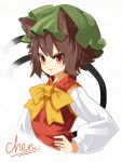  1girl :3 animal_ears bei_mochi blush bow brown_eyes brown_hair cat_ears cat_tail character_name chen hand_on_hip hat highres long_sleeves looking_at_viewer multiple_tails short_hair simple_background smile solo tail touhou tsurime upper_body white_background 