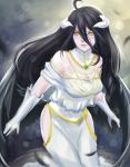  1girl albedo bare_shoulders black_hair breasts cleavage dress elbow_gloves gloves highres horns ikhwan_maulana long_hair overlord_(maruyama) solo white_dress white_gloves 