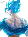  1boy backlighting blue_eyes blue_hair dougi dragon_ball dragon_ball_z earrings from_behind jewelry kim_yura_(goddess_mechanic) looking_back male_focus muscle potara_earrings signature solo super_saiyan super_saiyan_god_super_saiyan upper_body vegetto 