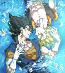  2boys abs black_hair blonde_hair closed_eyes daisy dougi dragon_ball dragon_ball_z earrings flower from_above gloves gogeta jewelry kim_yura_(goddess_mechanic) male_focus multiple_boys muscle partially_submerged potara_earrings signature spiky_hair super_saiyan vegetto vest white_gloves yaoi 