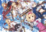  5girls anila_(granblue_fantasy) armor belt blonde_hair blue_eyes brown_eyes cagliostro_(granblue_fantasy) cloak clouds djeeta_(granblue_fantasy) dragon flying frilled_skirt frills granblue_fantasy gun head_wings long_hair looking_at_viewer midriff multiple_girls polearm rifle short_hair silva_(granblue_fantasy) silver_hair skirt sky smile tagme taiyaki_(astre) thigh-highs vampy weapon 