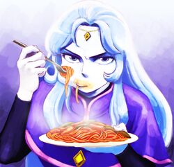  1girl annoyed bangs blue_eyes capelet eating food forehead_jewel fork hibiki_non lafolie long_sleeves majokko_megu-chan pale_skin parted_bangs plate serious solo spaghetti upper_body white_hair 