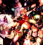  5girls absurdres apron ascot blonde_hair book bookshelf capelet clenched_teeth crystal danmaku dress fingernails flandre_scarlet flying four_of_a_kind_(touhou) gloves glowing glowing_eyes hat hat_ribbon highres kirisame_marisa library long_fingernails long_sleeves mary_janes mob_cap multiple_girls multiple_persona nail_polish open_book open_mouth orange_eyes orange_hair ouka_musci outstretched_arms patchouli_knowledge puffy_sleeves purple_hair red_eyes ribbon shirt shoes short_sleeves sitting skirt skirt_set smile socks touhou vest waist_apron white_legwear wings witch_hat wrist_cuffs 